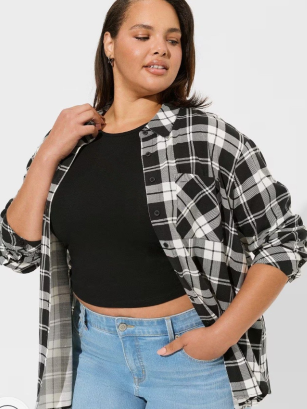 Torrid Size 5 Drop Shoulder Button-Front Plaid Shirt, Black and White